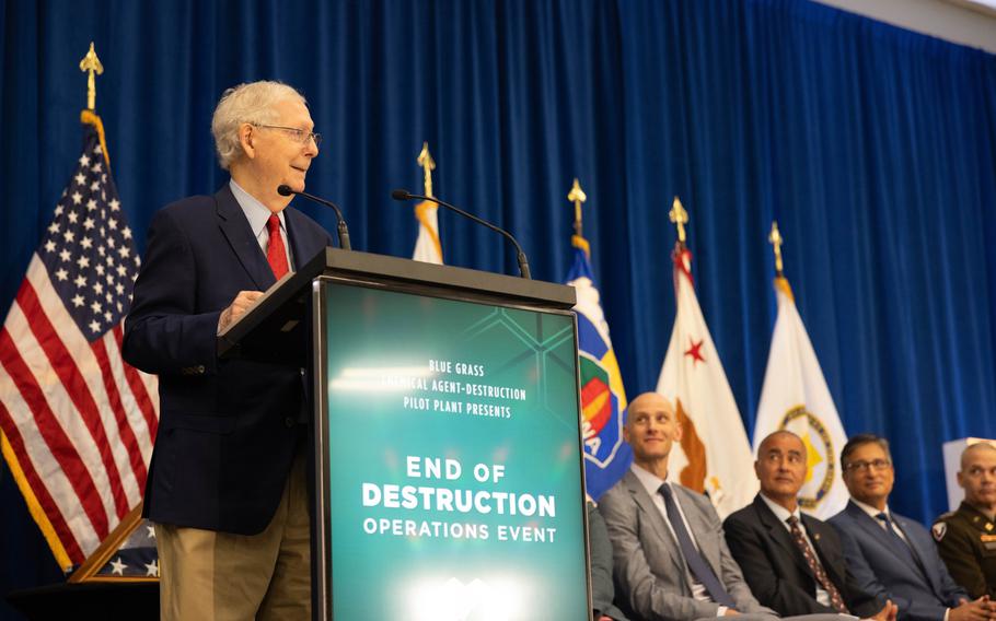 Following years of work from the Blue Grass Army Depot in Richmond, several high-profile state and federal officials Wednesday, Oct. 11, 2023, including Sen. Mitch McConnell, celebrated the complete destruction of the U.S. chemical weapons stockpile.