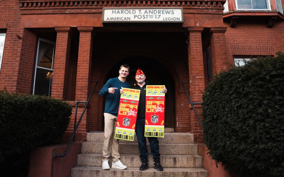 NFL New England Patriots quarterback, Drake Maye (left), and Army veteran Matt Jabaut pose with two Super Bowl tickets 