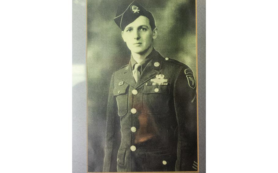 A photo of then Pvt. Jim ”Pee Wee” Martin, hangs on the wall inside his Xenia, Ohio, home, on April 15, 2021. Martin served as a paratrooper assigned to 101st Airborne Division, 506th Infantry Regiment, G Company, out of Fort Campbell, Kentucky.
