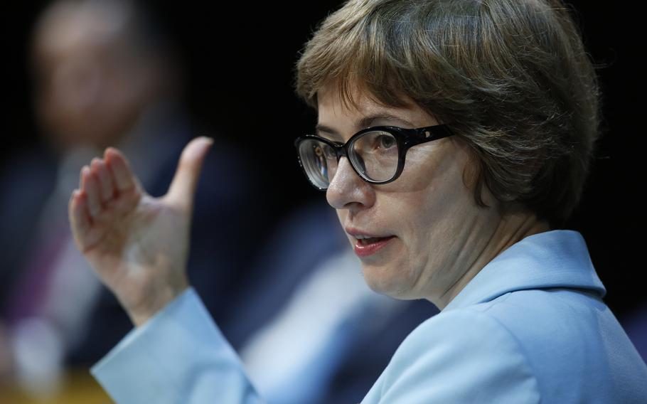 Ksenia Yudaeva, first deputy governor of Russia’s central bank, gestures while speaking during the Emerging + Frontier Forum 2019 at Bloomberg’s European headquarters in London, U.K., on Tuesday, June 25, 2019. 