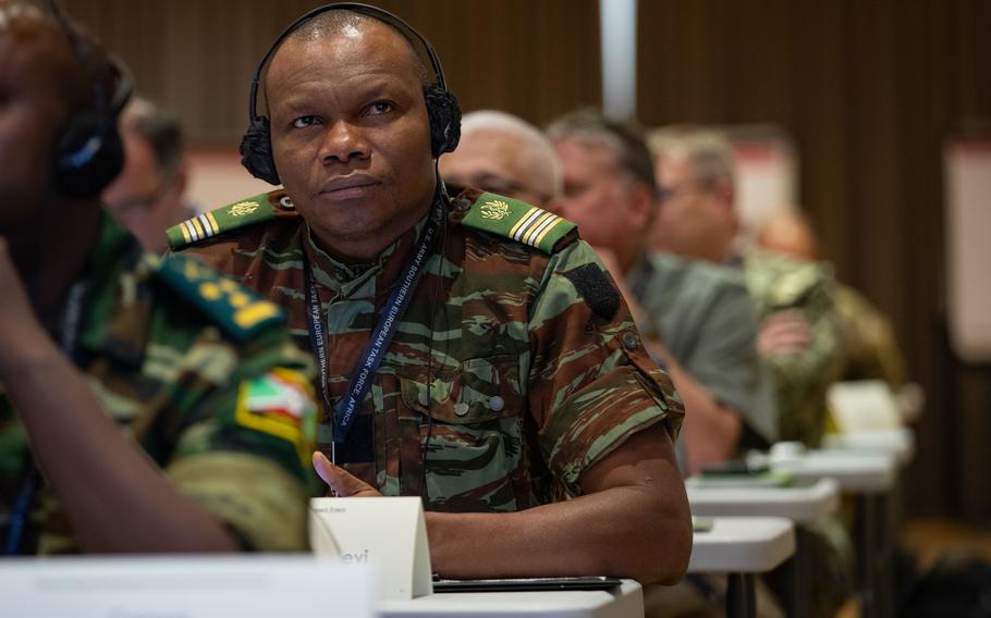 Benin army Lt. Col. Mahounakpon Hounkpevi listens during the U.S. Army Southern European Task Force, Africa medical readiness exercise planning in Vicenza, Italy, on Sept. 16, 2024. The four-day event brought together military medical professionals and representatives of 17 African nations.