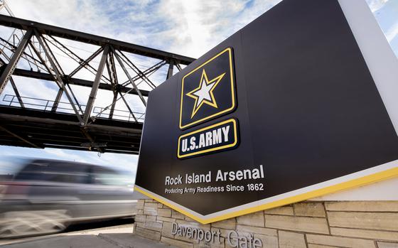 The entrance to the Davenport, Iowa gate of the Rock Island Arsenal bears the U.S. Army’s insignia above the arsenal’s slogan, “Producing Readiness Since 1862.”