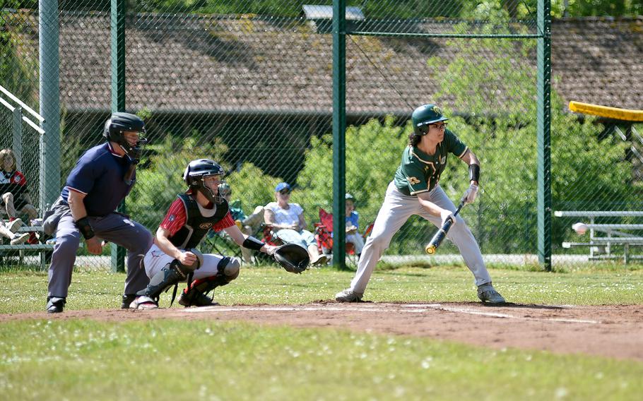 SHAPE's Eugy Zermeno tries to lay down a bunt during the first inning of the first game of a doubleheader against Kaiserslautern on May 11, 2024, at Pulaski Park in Kaiserslautern, Germany.