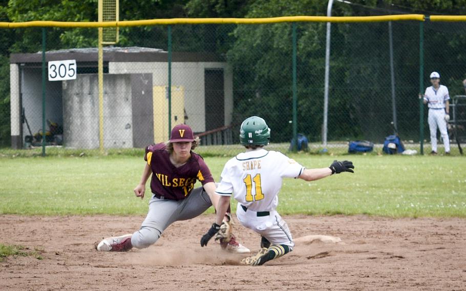Vilseck’s Jake Boyle tags out SHAPE’s Connor Mahan on a steal attempt during a 2024 DODEA European baseball championship game on May 23, 2024, at Southside Fitness Center on Ramstein Air Base, Germany.