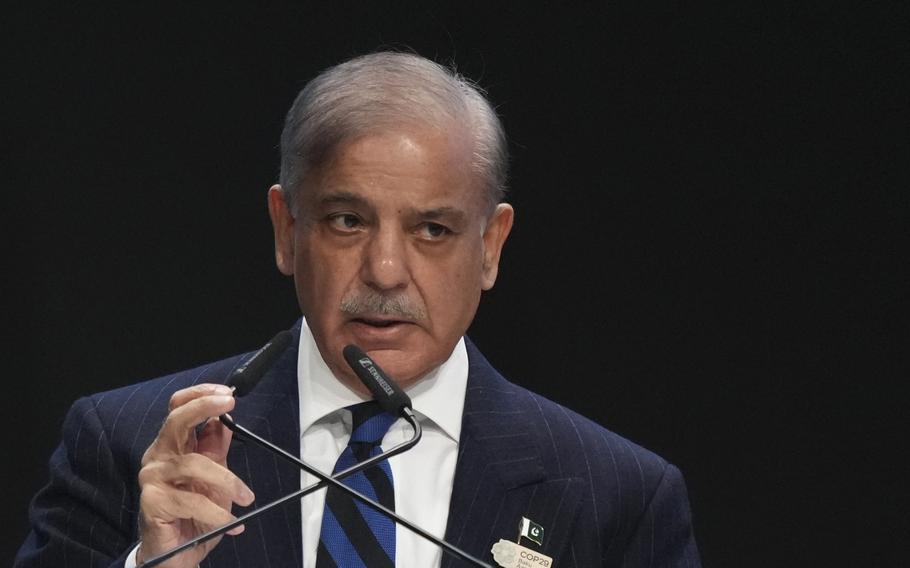 Pakistan Prime Minister Shehbaz Sharif speaks during a plenary session