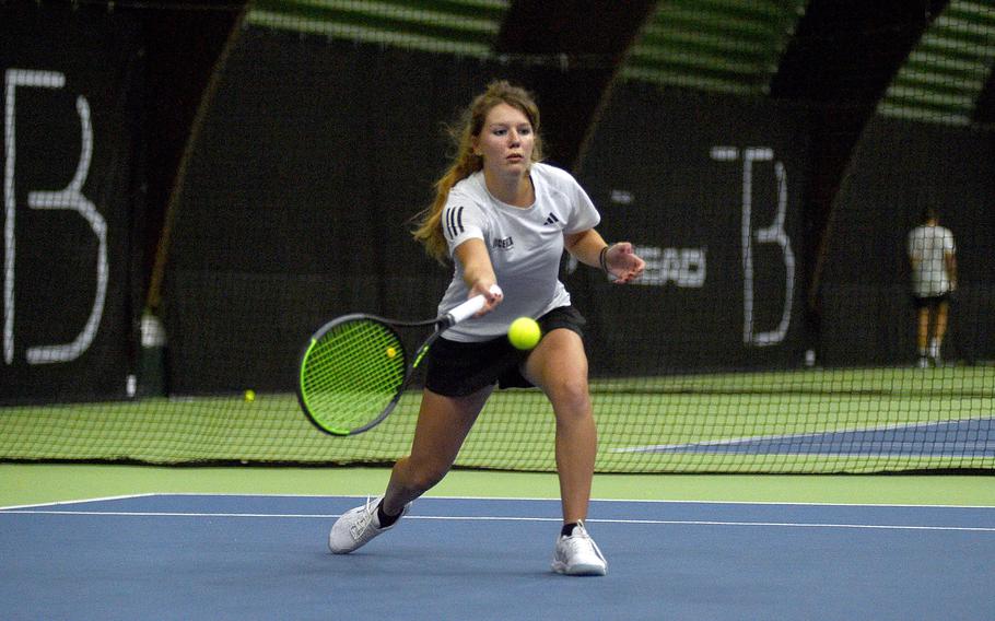 Vicenza's Sarah Gordon prepares to hit the ball during her girls singles semifinal match against Sigonella's Charlize Caro during the DODEA European tennis championships on Oct. 20, 2023, at T2 Sports Health Club in Wiesbaden, Germany.