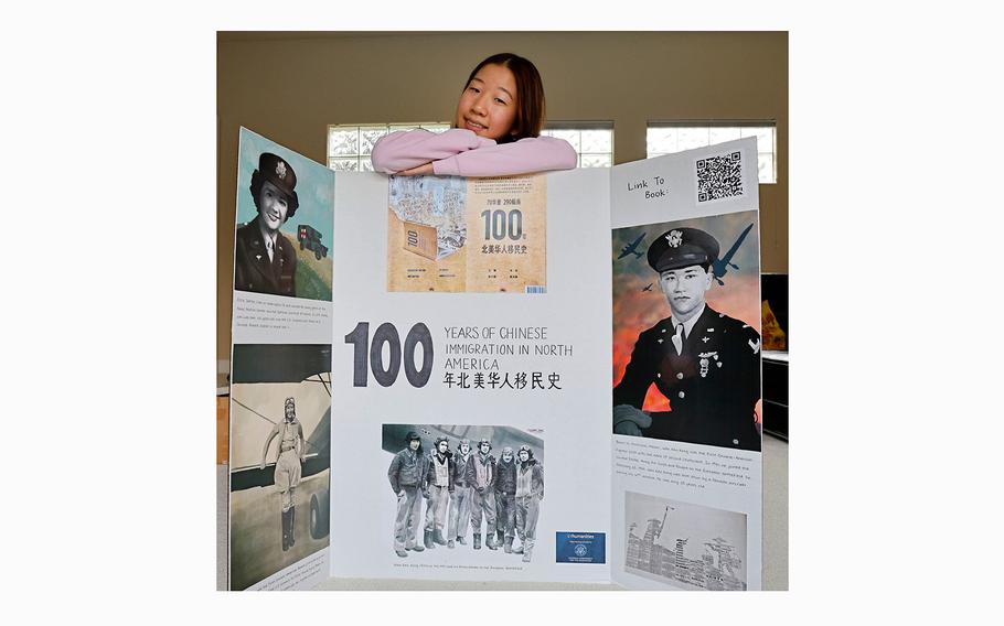 Melody Tian, 17, senior at The Hockaday School, shows her project, “A-Portrait,” in her house, on March 29, 2024, in Plano, Texas. Tian created portraits of important Asian American figures in U.S. history. 