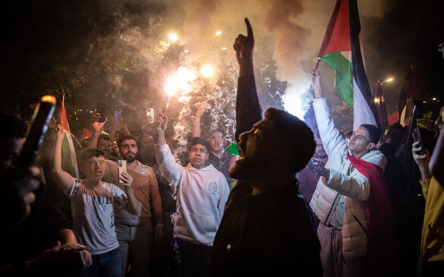 People gather in support of the recent attacks on Israel by the Palestinian militant group Hamas at Fatih Mosque on Oct. 7, 2023, in Istanbul, Turkey.