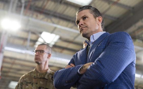 Secretary of Defense Pete Hegseth tours static displays led by the 3rd Battalion, 10th Mountain Division (3/10 MTN) Warriors and Foreign Legion Force Poland Battle Group in Powidz, Poland, Feb. 15, 2025. (DoD photo by U.S. Navy Petty Officer 1st Class Alexander C. Kubitza)