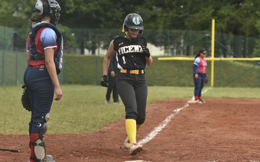 Vicenza freshman Adysen Johnston scores a run against Aviano during day one of the European championships on May 22, 2024, at Ramstein Air Base, Germany. Vicenza won the game 14-7.