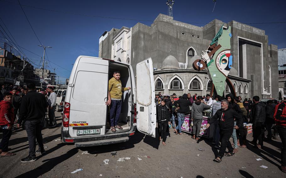 A vehicle sits idle Dec. 16, 2023, in Rafah in southern Gaza. A severe fuel shortage caused by the war has worsened a transportation crisis. 