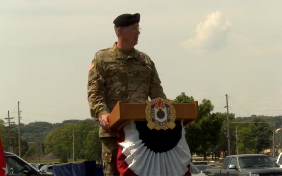 In this screenshot from video, Col. Ronnie D. Anderson takes over the Joint Munitions Command from Col. Landis C. Maddox on Thursday, June 1, 2023.