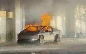 This image provided by Alcides Antunes shows a Tesla Cybertruck that exploded outside President-elect Donald Trump's Las Vegas hotel early Wednesday, Jan. 1, 2025.  (Alcides Antunes via AP)