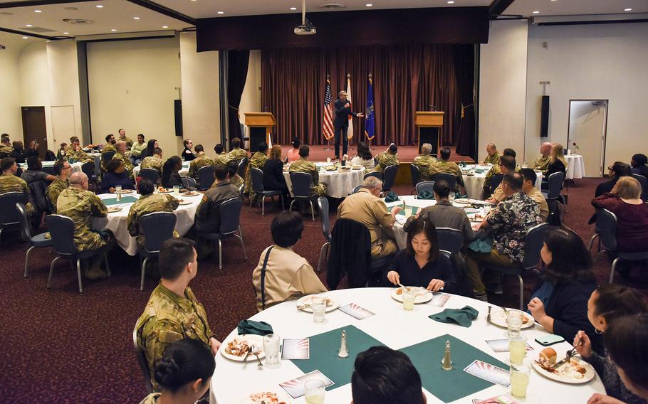 David Nathan Weiss, whose writing credits include “The Rugrats Movie,” “All Dogs Go to Heaven” and “Shrek 2,” speaks during the National Prayer Luncheon at Yokota Air Base, Japan, Thursday, March 23, 2023.