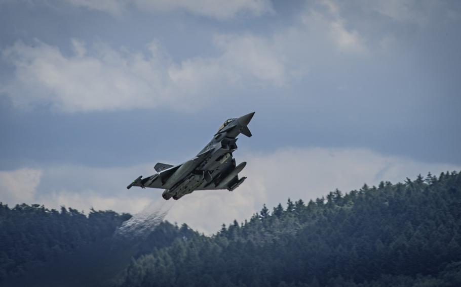 A German Eurofighter Typhoon takes off from Ramstein Air Base on June 6, 2024 for a dogfighting exercise hosted by U.S. Air Forces in Europe – Air Forces Africa.