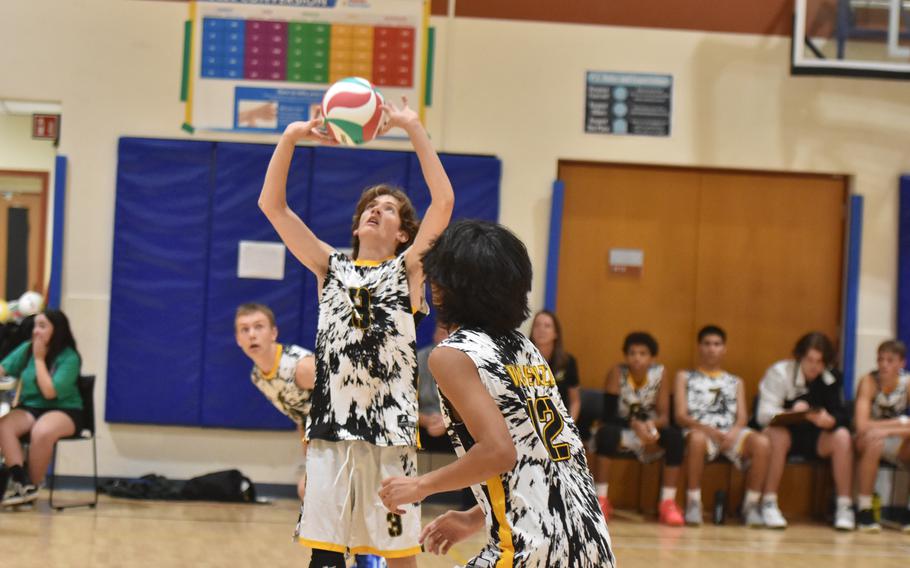 Vicenza’s Kaito Goodfellow sets the ball up for his teammates in the Cougars’ match against Sigonella on Friday, Sept, 13, 2024.