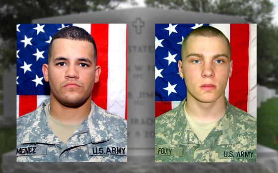 File images show Staff Sgt. Alex Jimenez, left, and Spc. Byron Fouty, soldiers assigned to the 10th Mountain Division who were captured and killed by terrorists in Iraq in 2007. A federal judge has ordered Syria to pay $364 million in compensation to their families, holding the Syrian government responsible for sponsoring the terrorist group involved.