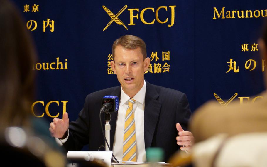 Retired U.S. Navy rear admiral Mike Studeman discusses China and Taiwan at the Foreign Correspondents' Club of Japan in Tokyo, Oct. 25, 2024.