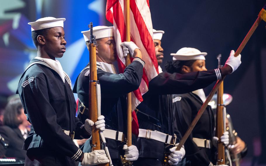 U.S. Navy Ceremonial Guard members present the colors during a U.S. Navy Band performance in Washington, Oct. 6, 2024.