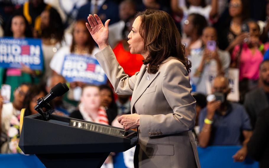 Vice President Kamala Harris speaks during a campaign event in Fayetteville, N.C., on July 18, 2024.