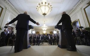 President Donald Trump and Israeli Prime Minister Benjamin Netanyahu speak during a news conference in the East Room of the White House, Tuesday, Feb. 4, 2025, in Washington. (AP Photo/Alex Brandon)