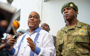 The prime minister of Haiti speaks to the press in Port-au-Prince, Haiti, on Aug. 28, 2024.