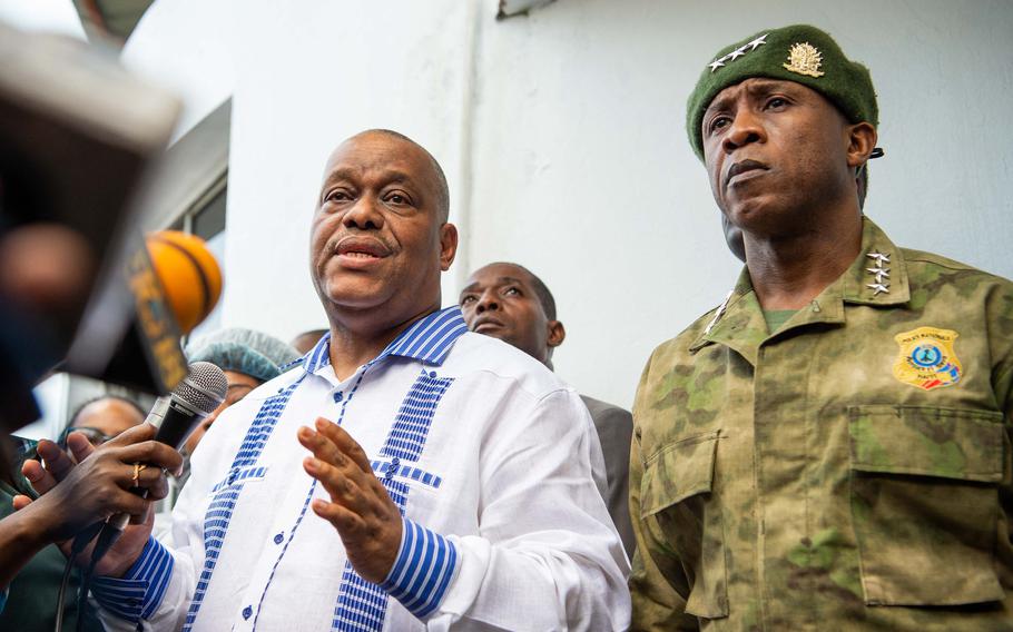 The prime minister of Haiti speaks to the press in Port-au-Prince, Haiti, on Aug. 28, 2024.