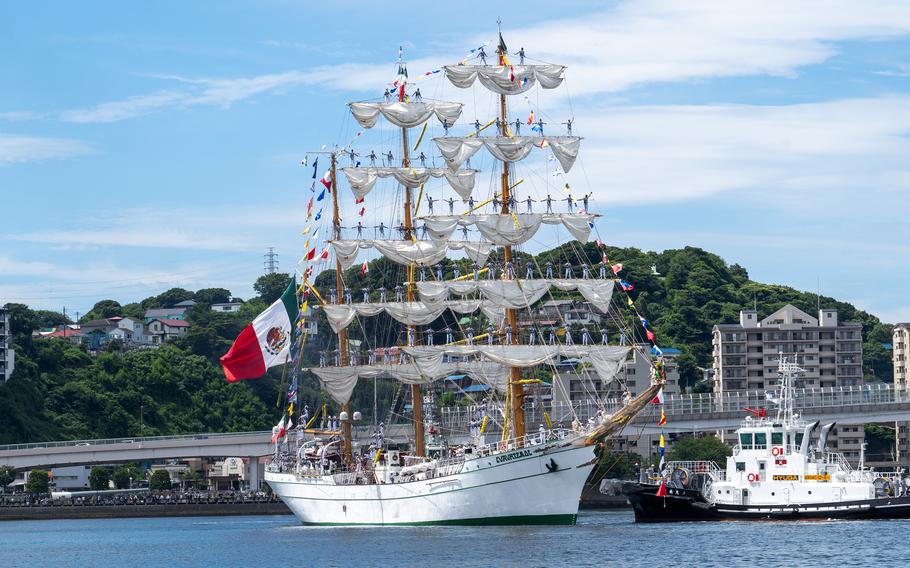 The ARM Cuauhtemoc leaves the port at Yokosuka, Japan, on July 10, 2024.