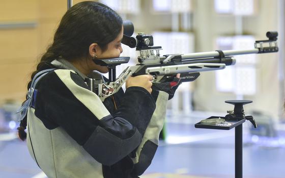 Kaiserslautern sophomore Amanda Garcia fires from the standing position during the DODEA Western Conference marksmanship meet in Wiesbaden, Germany on Jan. 11, 2025. The Raiders finished in second place while standing toe-to-toe with Wiesbaden at the top of the conference.