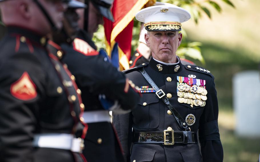 Gen. Eric Smith, 39th Commandant of the Marine Corps, attends the funeral service for retired Gen. Alfred Gray Jr., the 29th Commandant of the Marine Corps, in Section 35 of Arlington National Cemetery, Arlington, Va., July 29, 2024.  “He was a ‘Marine’s Marine’ — a giant who walked among us during his career and after, remaining one of the Corps’ dearest friends and advocates even into his twilight,” Smith said in March when Gray died. “Although he will be missed by all, his legacy will endure and his spirit will continue to live among us.”