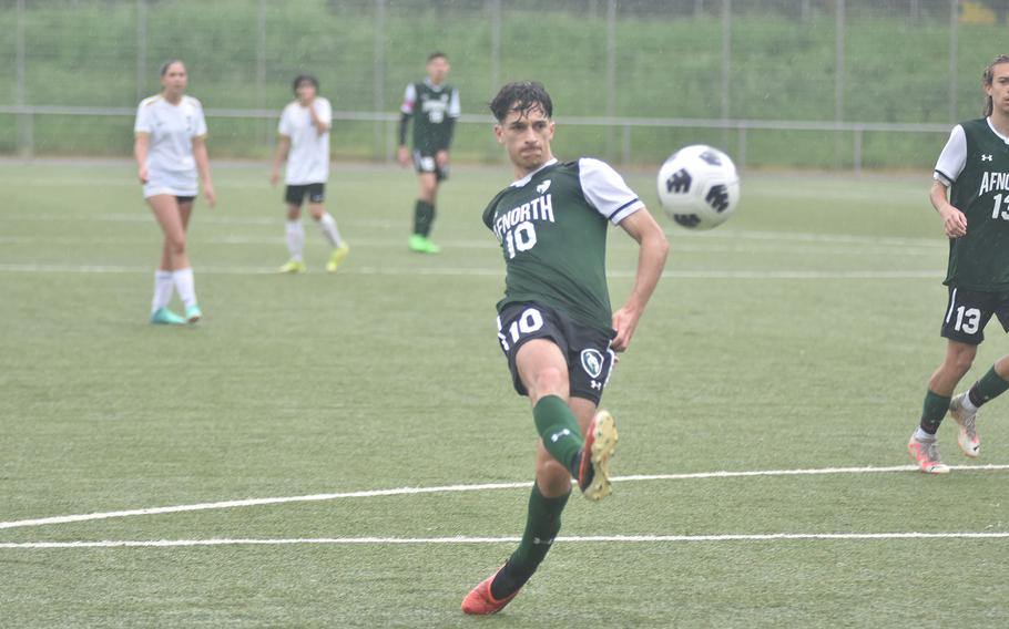 AFNORTH's Christian Barone lofts a shot into the goal Tuesday, May 21, 2024, at the DODEA European Division III boys soccer championships at Landstuhl, Germany. Barone's team won 6-0 over Alconbury and will play in the semifinals Wednesday.