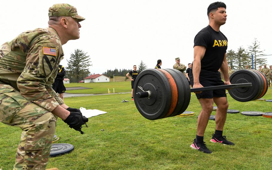 U.S. Army Sgt. 1st Class Joel Brookins with Headquarters Company (HHC),  participates in the deadlift during the Army Combat Fitness Test while at  the Contracting Operational Readiness Exercise 21 (CORE-21) on Camp