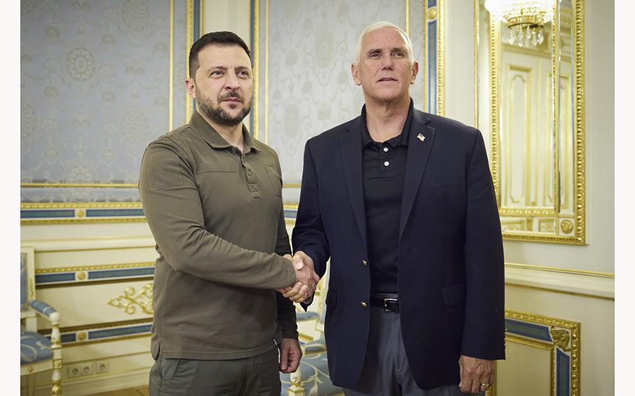 Ukrainian President Volodymyr Zelenskyy, left, and former U.S. Vice President Mike Pence meet in Kyiv, Ukraine, on June 29, 2023. 