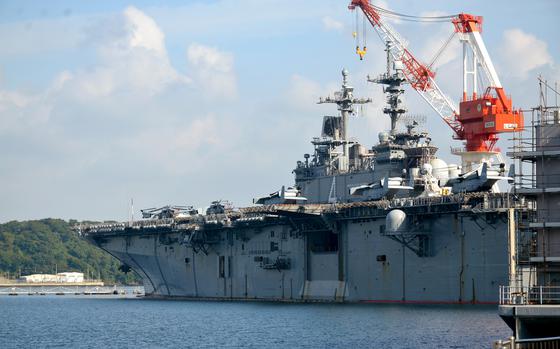 The amphibious assault ship USS Boxer, seen here at Yokosuka Naval Base, Japan, Monday, Aug. 19, 2024, steamed into Tokyo Bay on Aug. 17, a day after Typhoon Ampil narrowly missed landfall. 