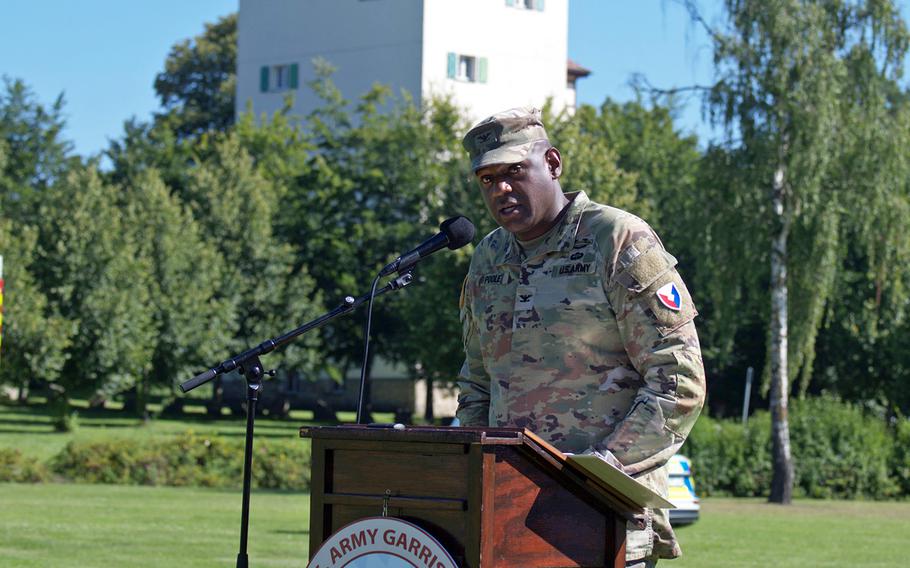 Outgoing U.S. Army Garrison Bavaria commander Col. Kevin Poole delivers remarks during a change of command ceremony at Tower Barracks in Grafenwoehr, Germany, on Aug. 6, 2024. 