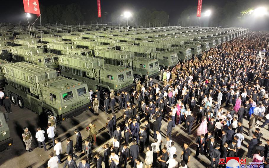 North Korea unveils 250 new missile launchers in this photo release Monday, Aug. 5, 2024, by the state-run Korean Central News Agency.