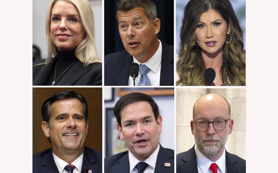 Attorney General nominee Pam Bondi, from top left, Transportation Secretary nominee Sean Duffy, Secretary of Homeland Security nominee South Dakota Gov. Kristi Noem, and from bottom left, CIA Director nominee John Ratcliffe, Secretary of State nominee Sen. Marco Rubio, R-Fla., and Russell Vought, nominee for director of the Office of Management and Budget.