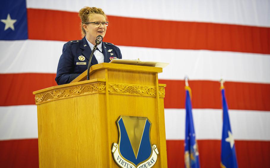 Brig. Gen. Adrienne Williams, the new commander of the 86th Airlift Wing, speaks May 17, 2024, at Ramstein Air Base, Germany. Williams returns to the base after previously commanding the 521st Air Mobility Operations Wing, where she oversaw air mobility operations across Europe, Africa and the Middle East.