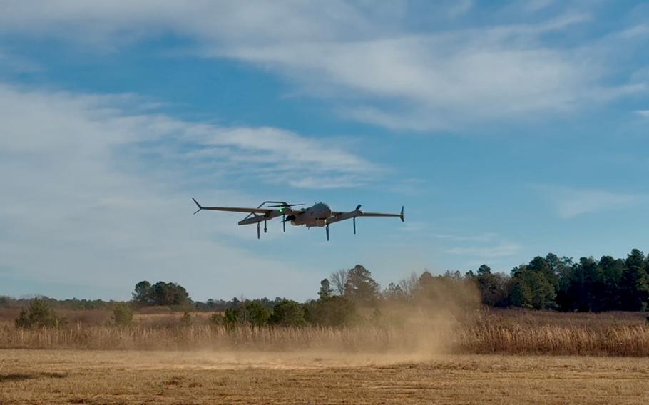 A drone prototype flies.