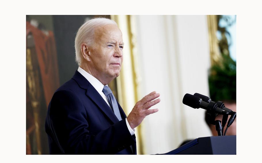 U.S. President Joe Biden speaks during a Medal of Honor ceremony in the East Room of the White House on July 3, 2024, in Washington, D.C.