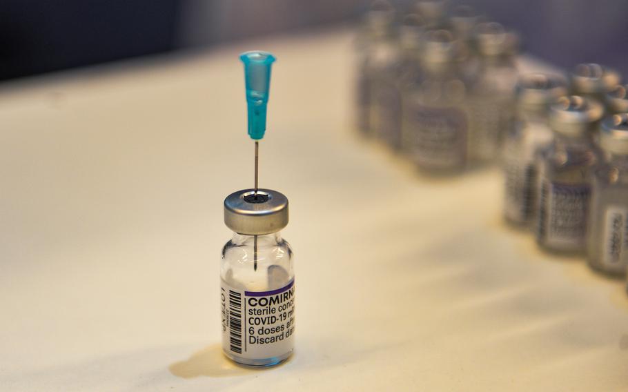 Vials of COVID-19 vaccine in Kaiserslautern, Germany, on Nov. 30, 2021. New regulations in Rheinland-Pfalz, which includes Kaiserslautern and several U.S. military bases, allow those with recent full vaccinations the same access to nonessential services as those who have had booster shots.