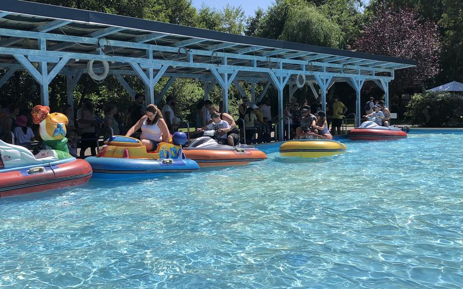 The bumper boats at Didiland in Morsbronn-les-Bains, France. The line for this ride was just over an hour. Waiting times got longer later in the day.