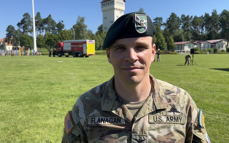 Army Col. Stephen Flanagan speaks to reporters Aug. 6, 2024, after taking command of U.S. Army Garrison Bavaria in a ceremony at Tower Barracks in Grafenwoehr, Germany.