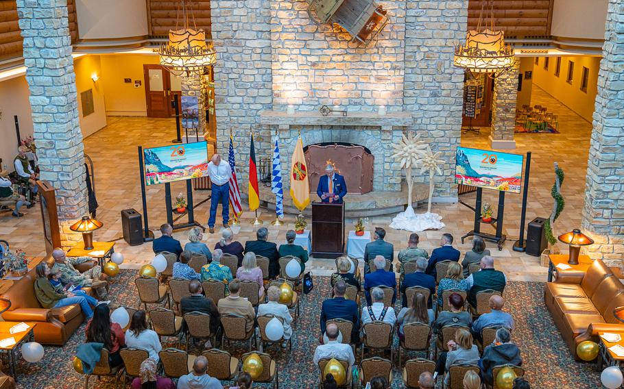 Brian Borda, general manager of Edelweiss Lodge and Resort in Garmisch-Partenkirchen, Germany, speaks at the U.S. Army-owned resort’s 20th anniversary celebration Oct. 30, 2024.