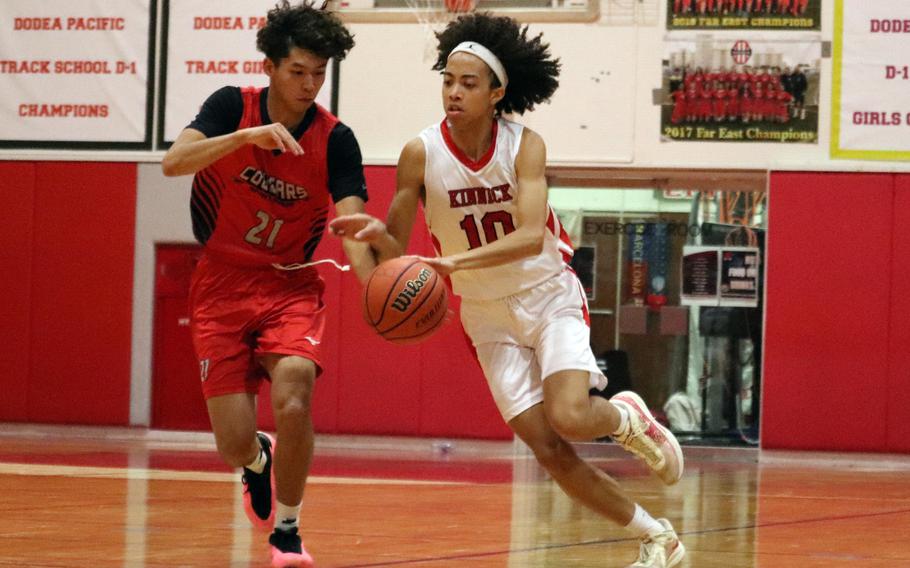 Taishi Boyd dribbles up the court.