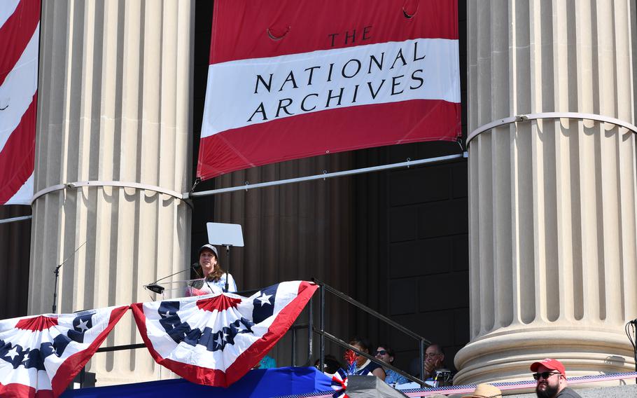 Dr. Colleen Shogan, the 11th Archivist of the United States, gives Welcome Remarks on the steps of the National Archives on July 4, 2024.