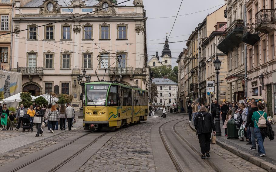 A trolley runs through downtown Lviv, Ukraine.