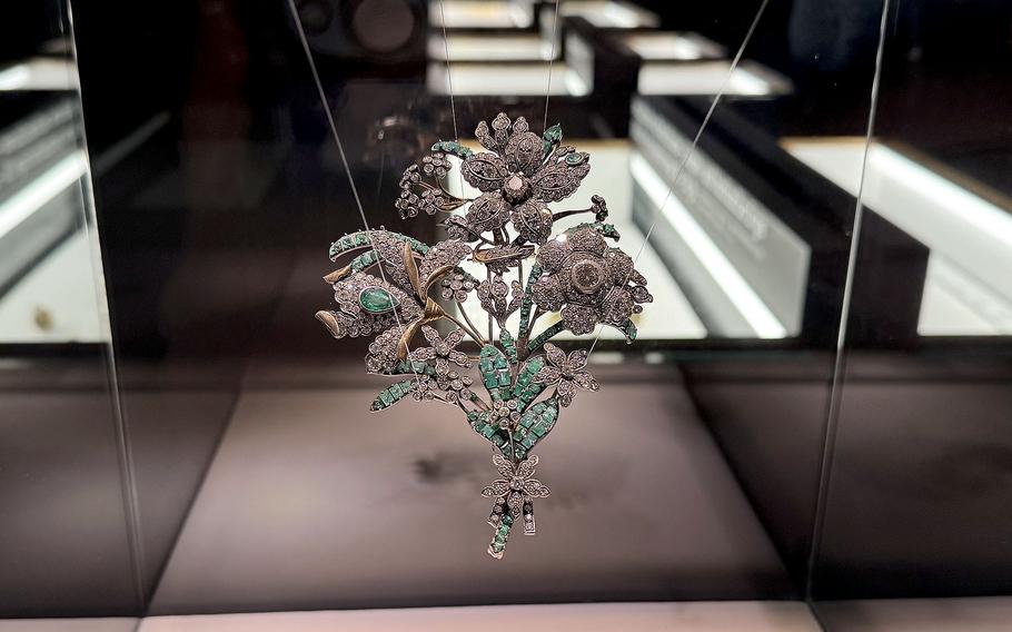 This brooch with a flower bouquet, displayed at the Pforzheim Jewelry Museum in Pforzheim, Germany, is made of gold, diamonds and emeralds. It is believed to have been crafted in Russia in the 19th century.