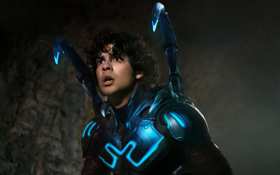 Xolo Maridueña stars as a Mexican American superhero in the movie “Blue Beetle,” now playing at many on-base theaters. 