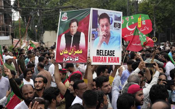 Supporters of imprisoned former Prime Minister Imran Khan's party Pakistan Tehreek-e-Insaf chant slogans and asking for the release of Imran Khan during a protest in Lahore, Pakistan, Sunday, July 21, 2024. (AP Photo/K.M. Chaudary)
